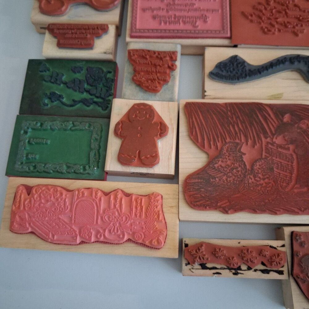 20 Vintage Christmas Wood Rubber Stamp Lot Stampin Up House Mouse Snowman - Picture 3 of 11